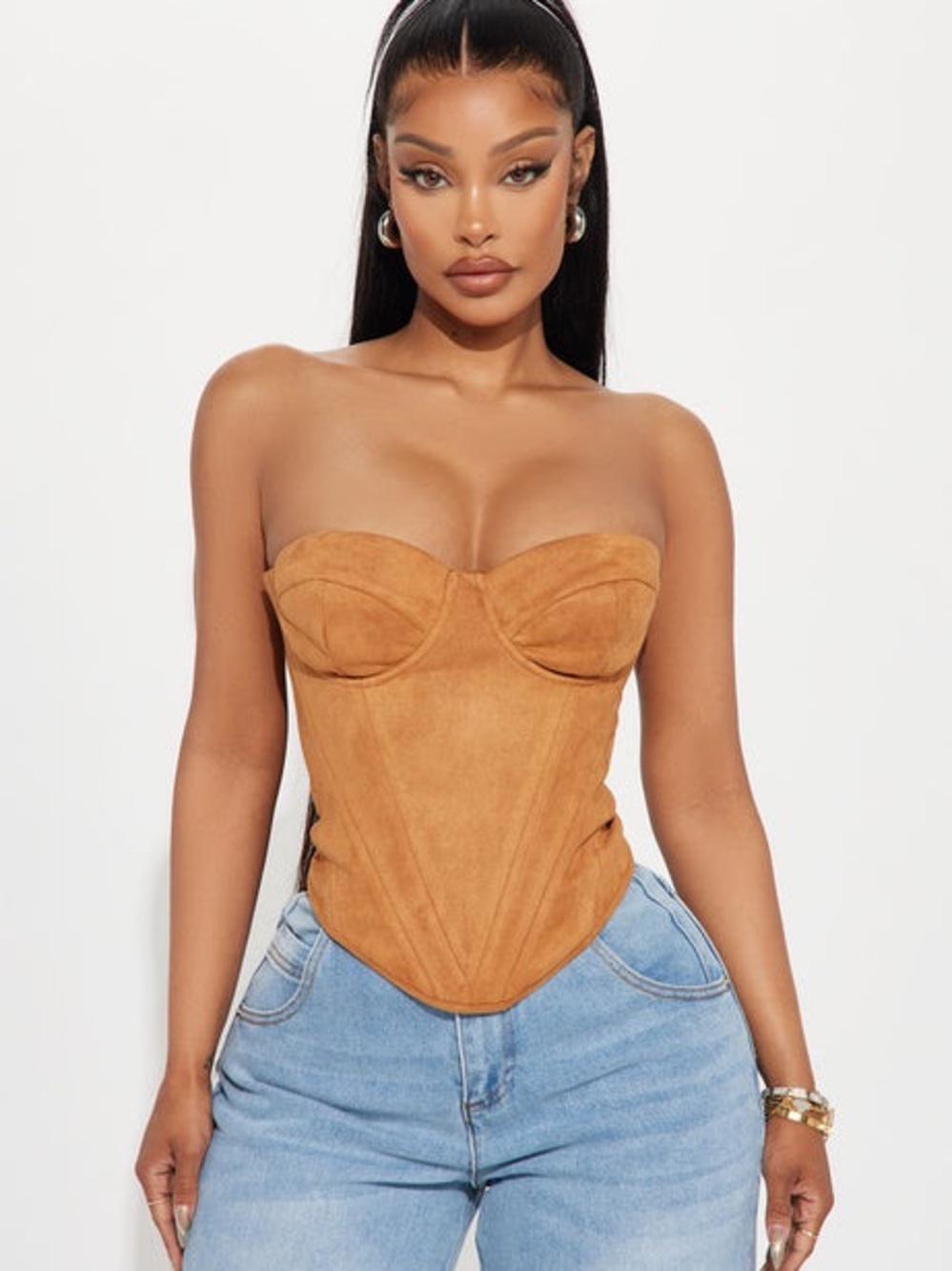 Strapless Suede Corset Top in Camel